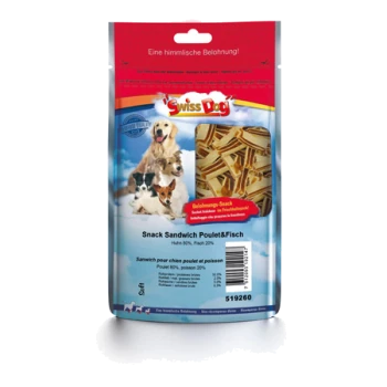 Verpackung für Hundeleckerlis mit der Marke "Swiss Dog", mit einem roten Deckel, Bildern von Hunden und dem Text "Snack Sandwich Poulet & Fisch."
