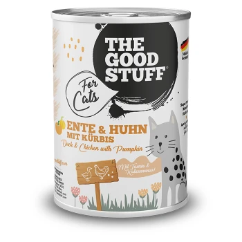 Dose THE GOOD STUFF Für Katzen Nassfutter – Ente & Huhn mit Kürbis, mit Katzenillustration.