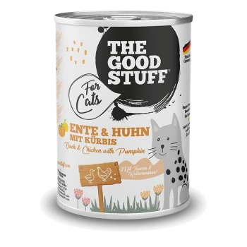 Dose THE GOOD STUFF Für Katzen Nassfutter – Ente & Huhn mit Kürbis, mit Katzenillustration.