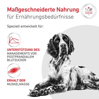 Schwarzweißhund neben dem Text 'Maßgeschneiderte Nahrung für Ernährungsbedürfnisse' und Vet Nutrition-Logo