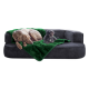 Ein großer grauer Hund und ein kleiner schwarzer Hund ruhen sich auf einer plüschigen grauen Couch aus, die mit einer grünen Decke bedeckt ist.