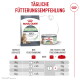 Royal Canin Digestive Katzenfuttersack und -dose mit Fütterungstabelle; deutsche Überschrift 'TÄGLICHE FÜTTERUNGSEMPFEHLUNG' und '95%'.
