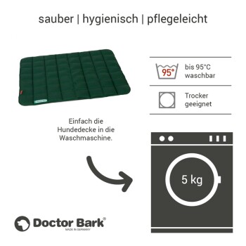 Schwarze, gesteppten Hundedecke von Doctor Bark, beschriftet mit "sauber | hygienisch | pflegeleicht", maschinenwaschbar bis 95°C, trocknergeeignet.