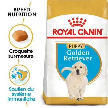 Sac de nourriture pour chien Royal Canin Puppy Golden Retriever, mettant en avant la nutrition de la race, des croquettes personnalisées et des icônes de soutien au système immunitaire.