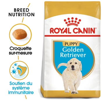Sac de nourriture pour chien Royal Canin Puppy Golden Retriever, mettant en avant la nutrition de la race, des croquettes personnalisées et des icônes de soutien au système immunitaire.