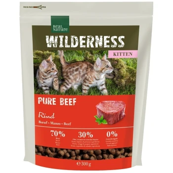 WILDERNESS Trockenfutter Katze, Kitten, Pure Beef 300 g Haustierfutterbeutel "Wilderness Kitten Pure Beef" mit zwei verspielten Kätzchen, mit 70% Rindfleisch, 30% Früchten/Gemüse und ohne Getreide.
