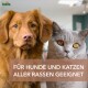 Ein Golden Retriever und eine graue Katze sitzen nebeneinander, mit dem Text "FÜR HUNDE UND KATZEN ALLER RASSEN GEEIGNET" darunter.