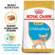 Royal Canin Chihuahua Welpenfuttertüte mit einem kleinen Chihuahua-Welpen, mit einem Text, der die rassespezifische Ernährung und die Unterstützung des Immunsystems hervorhebt.