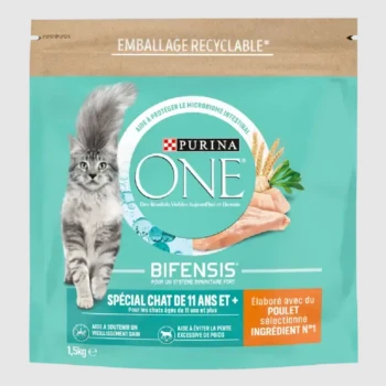 Sac de nourriture pour chats Purina ONE Bifensis, mettant en vedette un chat tigré gris, mettant en avant les avantages pour les chats âgés de 11 ans et plus, avec un accent sur la santé digestive.