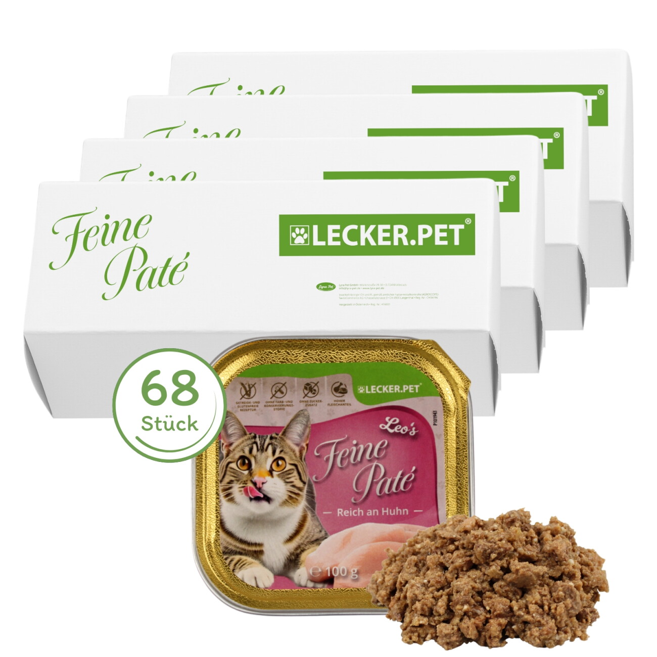 Lyra Pet Lecker.Pet Leo's Feine Paté Reich an Huhn Katzenfutter Nassfutter Vollnahrung 68x100 g