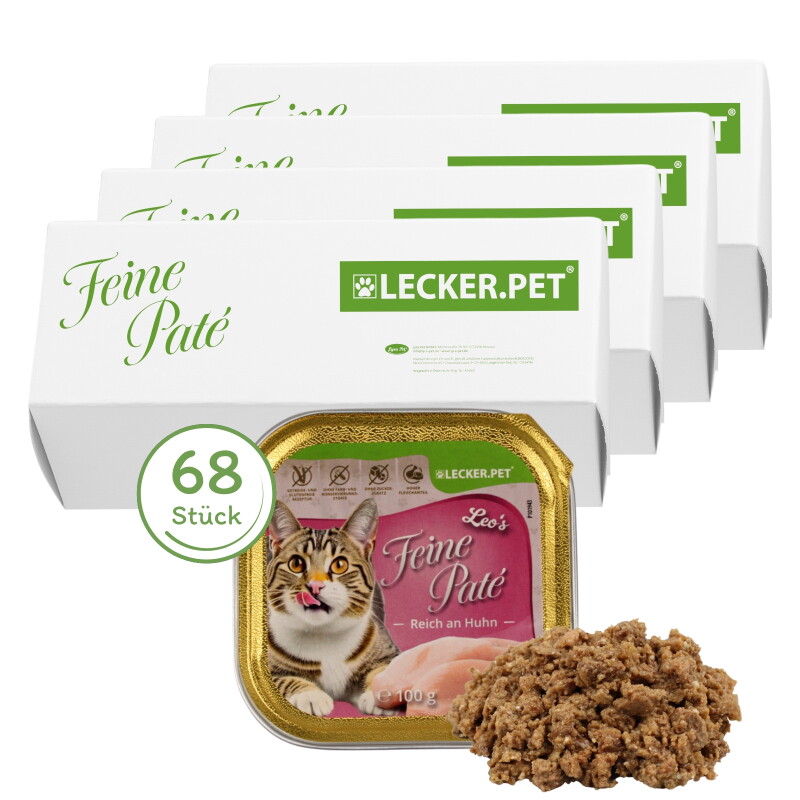 Lyra Pet Lecker.Pet Leo's Feine Paté Reich an Huhn Katzenfutter Nassfutter Vollnahrung 68x100 g