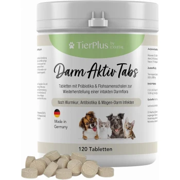Darm Aktiv Tabs Behälter mit 120 Tabletten für Haustiere, mit Hunden und einer Katze auf dem Etikett, hergestellt in Deutschland.