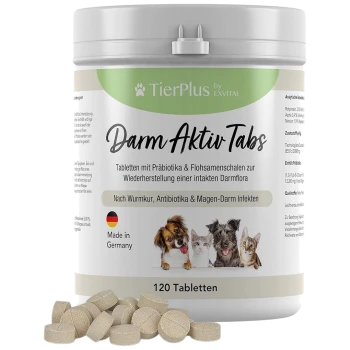 Darm Aktiv Tabs Behälter mit 120 Tabletten für Haustiere, mit Hunden und einer Katze auf dem Etikett, hergestellt in Deutschland.