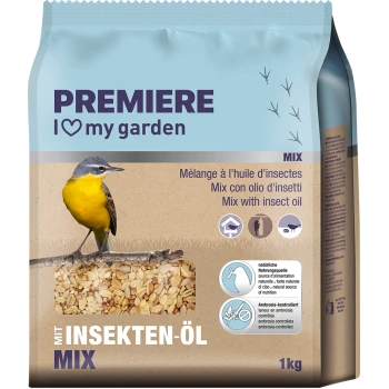 A 1kg bag of birdseed mix featuring a yellow bird on a branch, labeled "PREMIERE I ♥ my garden MIX mit Insekten-Öl," with text in multiple languages.