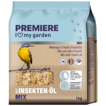 A 1kg bag of birdseed mix featuring a yellow bird on a branch, labeled "PREMIERE I ♥ my garden MIX mit Insekten-Öl," with text in multiple languages.