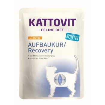 Kattovit Feline Diet Beutel mit Huhn, beschriftet mit "AUFBAUKUR/Recovery" für die Nährstoffunterstützung, mit einer Katzensilhouette und Gesundheitsansprüchen.