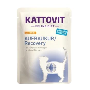Poche de régime félin Kattovit contenant du poulet, étiquetée "AUFBAUKUR/Récupération" pour un soutien nutritionnel, avec une silhouette de chat et des allégations de santé.