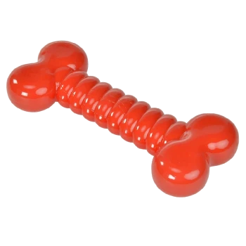 Helle rote Gummihundeknochen-Spielzeug mit einer strukturierten, gerippten Mitte und abgerundeten Enden, entworfen für das Spielen und Kauen von Haustieren.