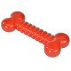 Bright red rubber dog bone toy with a textured, ribbed center and rounded ends, designed for pet play and chewing.