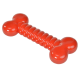 Bright red rubber dog bone toy with a textured, ribbed center and rounded ends, designed for pet play and chewing.