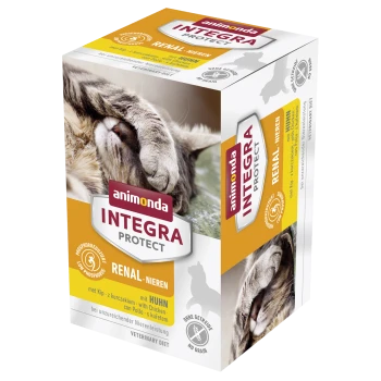Eine Schachtel "animonda INTEGRA PROTECT RENAL" Katzenfutter mit "Huhn" und "Niedrigem Phosphor", entwickelt für die Nierengesundheit.