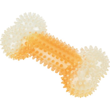 Transluzenter oranger Gummi-Kauknochen für Hunde mit zwei weißen, stacheligen Kugelenden.