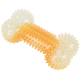 Os à mâcher pour chien en caoutchouc orange translucide avec deux extrémités en boules piquantes blanches.