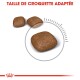 Image de trois croquettes pour animaux de compagnie brunes avec un indicateur circulaire, étiqueté 'Taille de croquette adaptée' en haut.