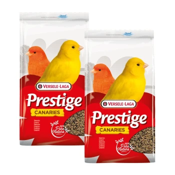 Deux sacs de nourriture pour oiseaux Versele-Laga Prestige Canaries, présentant un canari jaune et un canari orange sur le devant, avec le texte '100 % Pure Nature.'