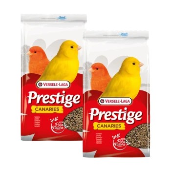 Deux sacs de nourriture pour oiseaux Versele-Laga Prestige Canaries, présentant un canari jaune et un canari orange sur le devant, avec le texte '100 % Pure Nature.'