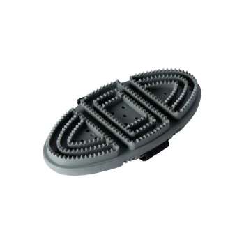 Graues Haustierpflegewerkzeug mit strukturiertem Gummigriff und verstellbarem Riemen, entworfen für effektives Bürsten und Reinigen.