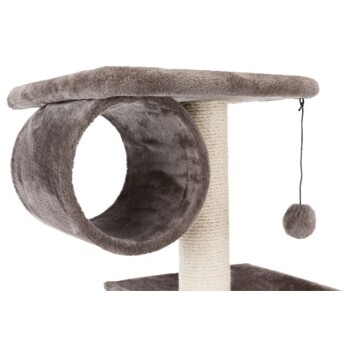 Grauer Kratzbaum für Katzen mit einer plüschigen oberen Plattform, einem Tunnel zum Spielen und einem baumelnden Pom-Pom-Spielzeug.