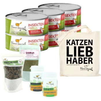 Dosen mit "Ich liebe meine Katze" insektenbasiertem Katzenfutter, eine Tragetasche mit "KATZEN LIEB HABER" und verschiedenen Katzensnacks und -ergänzungen.