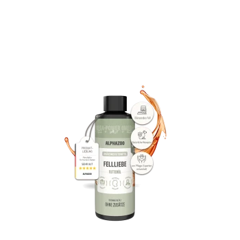 Flasche Alphazoo Fellliebe Haustieröl mit Spritzern, gekennzeichnet für glänzendes Fell, natürliche Rezeptur und expertenentwickelte Formel.