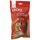 Emballage rouge pour les friandises pour chiens Lecky Lamm-Pansensticks, présentant une image de chien et un texte en plusieurs langues indiquant "100% NATUREL."