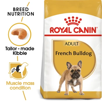 Royal Canin Adult French Bulldog dog food bag featuring tailored kibble for breed nutrition and support for muscle mass condition.