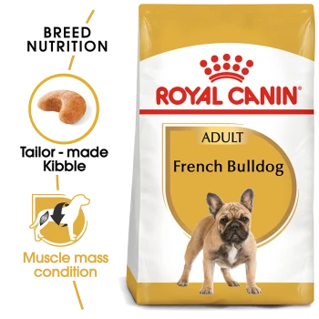 Royal Canin Adult French Bulldog dog food bag featuring tailored kibble for breed nutrition and support for muscle mass condition.