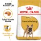 Royal Canin Adult French Bulldog dog food bag featuring tailored kibble for breed nutrition and support for muscle mass condition.