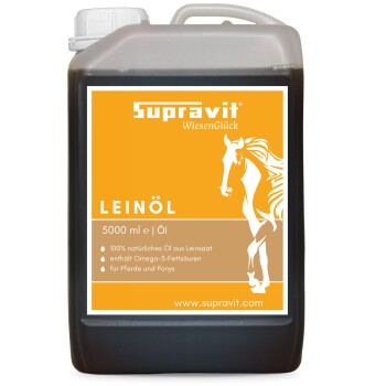 5 Liter dunkler Kanister Supravit WiesenGlück Leinöl mit orangefarbenem Pferdeetikett 'LEINÖL 5000 ml'