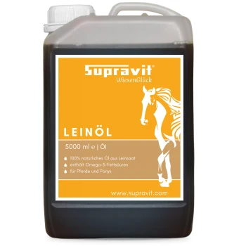 5 Liter dunkler Kanister Supravit WiesenGlück Leinöl mit orangefarbenem Pferdeetikett 'LEINÖL 5000 ml'