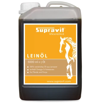 5 Liter dunkler Kanister Supravit WiesenGlück Leinöl mit orangefarbenem Pferdeetikett 'LEINÖL 5000 ml'