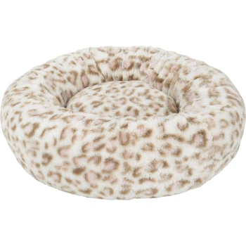 Round plush donut pet bed with cream and beige leopard-print faux fur.