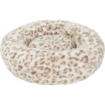 Round plush donut pet bed with cream and beige leopard-print faux fur.