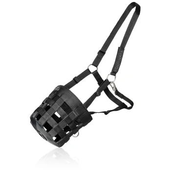 Schwarze verstellbare Maulkorb für Hunde, mit einem gewebten Design und einem sicheren Riemen, beschriftet mit "EQUINATE."