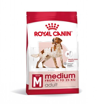 Torba karmy dla psów Royal Canin Medium Adult z ilustracją brązowego i białego psa, oznaczona "Rozmiar M" dla psów ważących 11-25 kg, podkreślająca wsparcie zdrowotne.