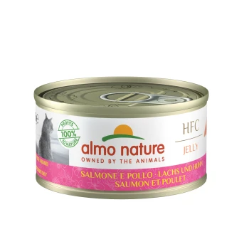 Almo Nature Katzenfutterdose, beschriftet mit 'HFC Jelly', mit Lachs und Huhn, einem rosa Blumenmuster und dem Siegel '100% zu Natur'.