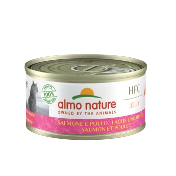 Almo Nature Katzenfutterdose, beschriftet mit 'HFC Jelly', mit Lachs und Huhn, einem rosa Blumenmuster und dem Siegel '100% zu Natur'.