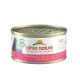 Almo Nature Katzenfutterdose, beschriftet mit 'HFC Jelly', mit Lachs und Huhn, einem rosa Blumenmuster und dem Siegel '100% zu Natur'.