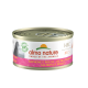 Almo Nature Katzenfutterdose, beschriftet mit 'HFC Jelly', mit Lachs und Huhn, einem rosa Blumenmuster und dem Siegel '100% zu Natur'.