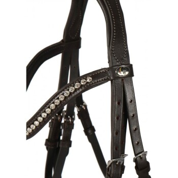 Eine Nahaufnahme eines stilvollen schwarzen Leder-Haustiergeschirrs mit einer Reihe von funkelnden Strasssteinen entlang des vorderen Riemens.